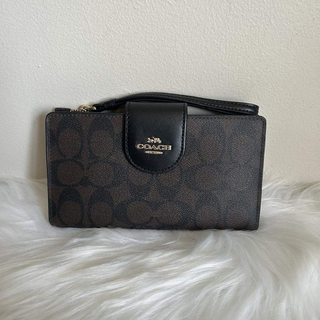 Coach Phone Wallet Brown Black Signature Canvas Wristlet Excellent