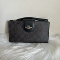 Coach Phone Wallet Brown Black Signature Canvas Wristlet Excellent