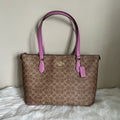 Coach Gallery Tote Khaki Fuchsia Signature Canvas Leather Bag NEW