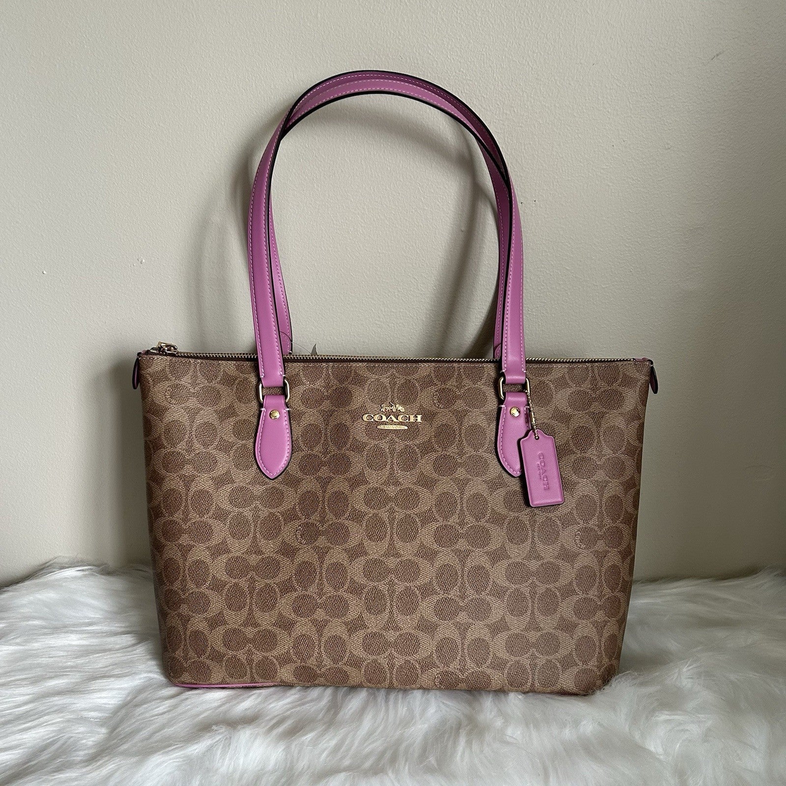 Coach Gallery Tote Khaki Fuchsia Signature Canvas Leather Bag NEW