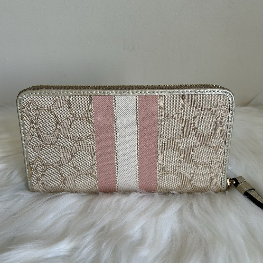 Coach Dempsey Large Phone Wallet Khaki Pink Metallic Gold Jacquard New