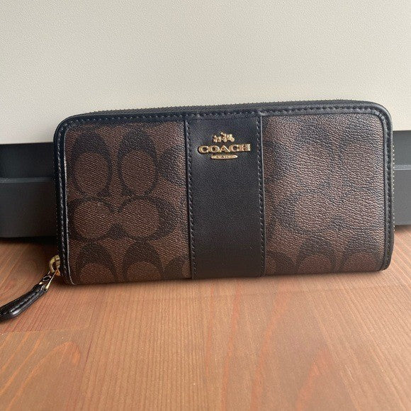 Coach Accordion Zip Wallet Brown Black Signature Canvas Excellent