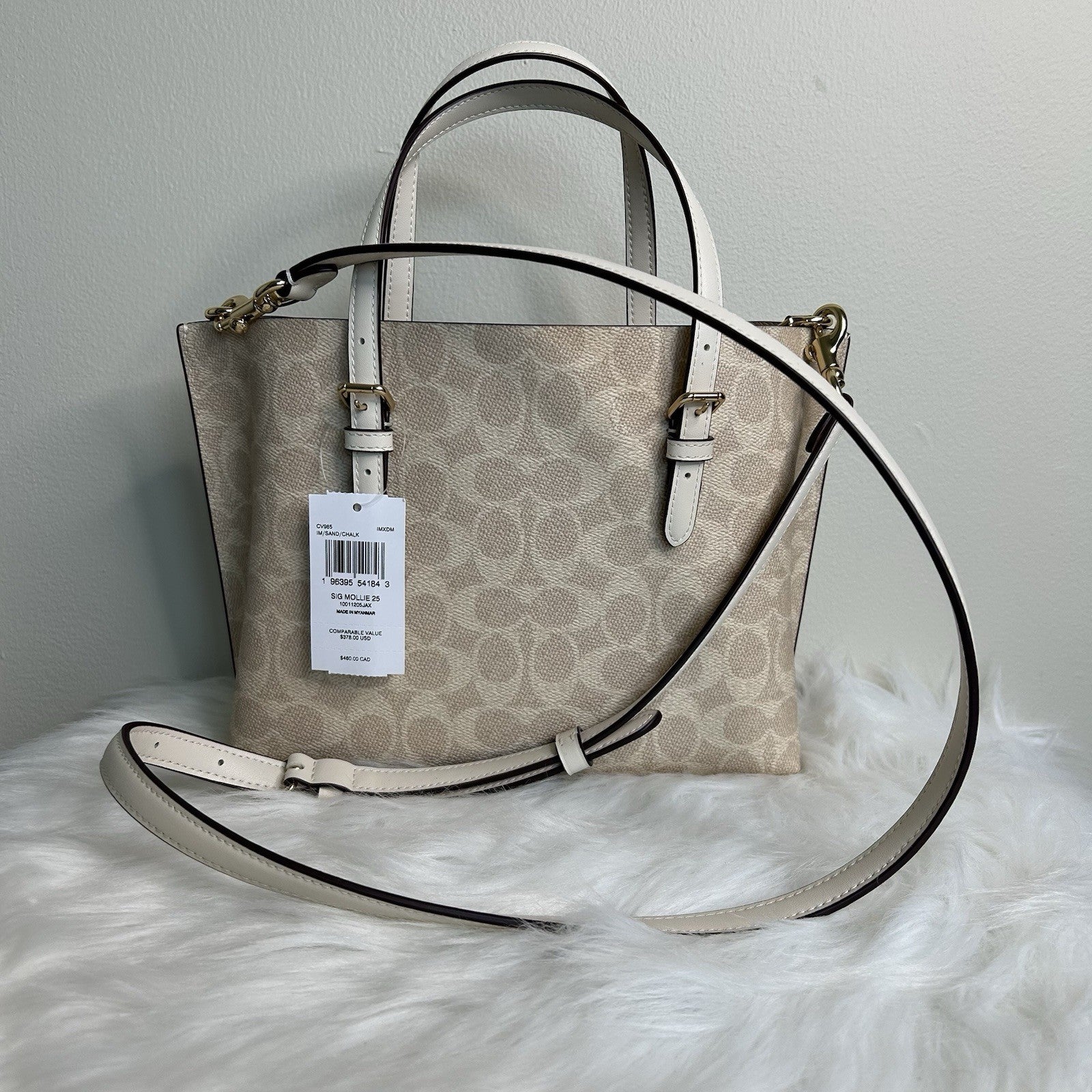 Coach Mollie Tote 25 Sand Chalk Signature Canvas Leather Bag NEW