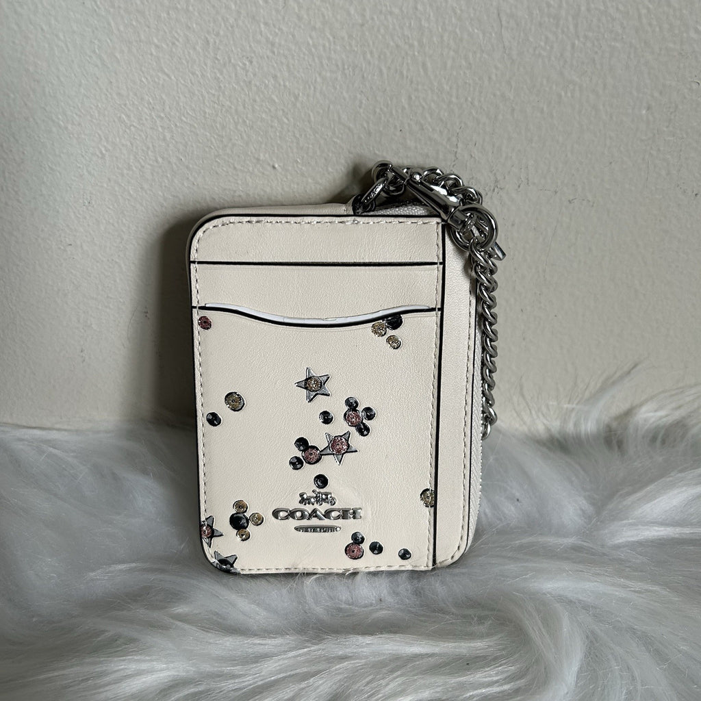 Coach Star Studded Zip Card Case Chalk White Leather Wallet Excellent