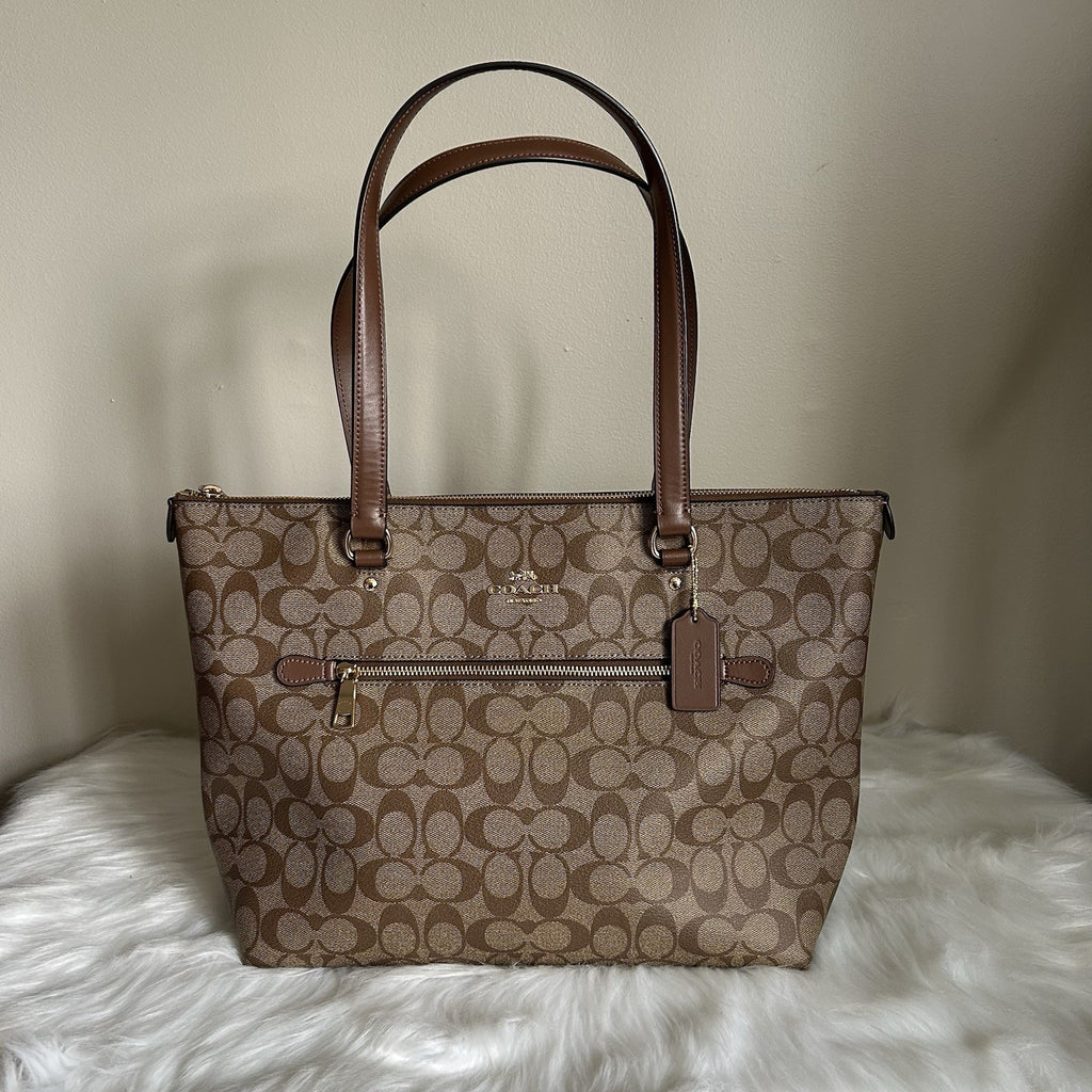 Coach Gallery Tote Khaki Saddle Signature Canvas Leather Shoulder Bag Excellent