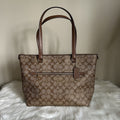 Coach Gallery Tote Khaki Saddle Signature Canvas Leather Shoulder Bag Excellent