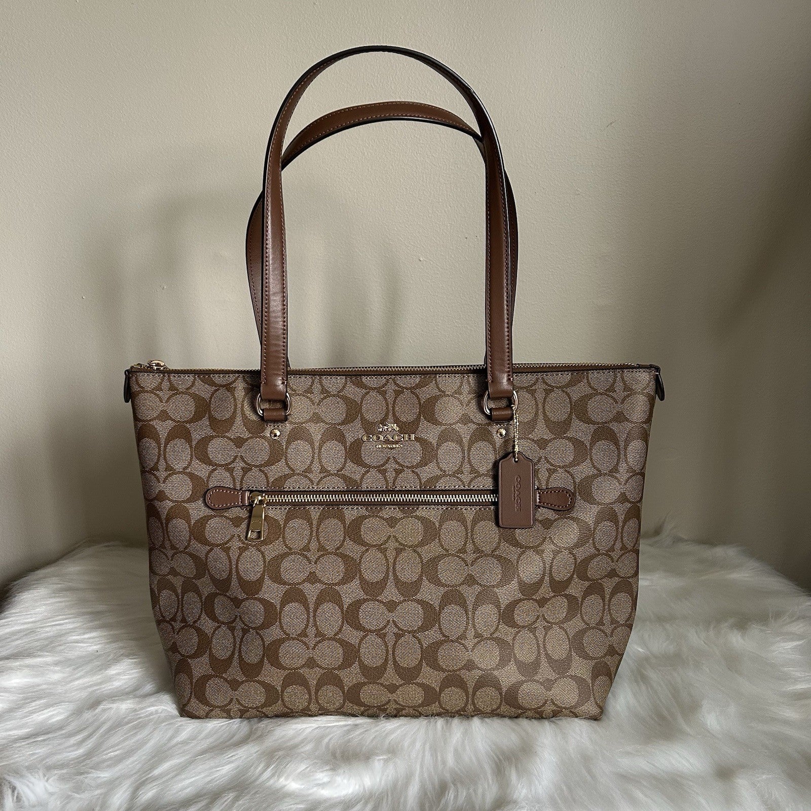 Coach Gallery Tote Khaki Saddle Signature Canvas Leather Shoulder Bag Excellent