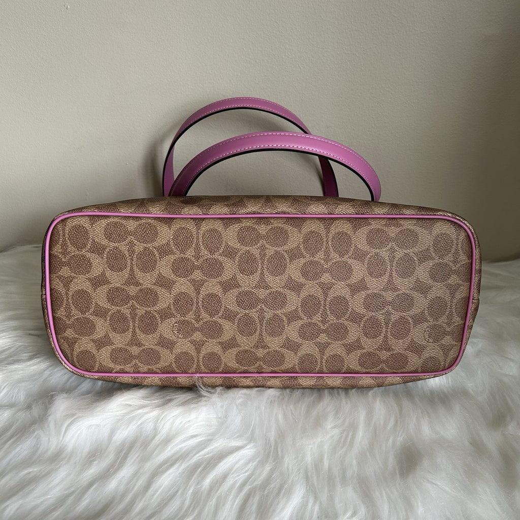 Coach Gallery Tote Khaki Fuchsia Signature Canvas Leather Bag NEW