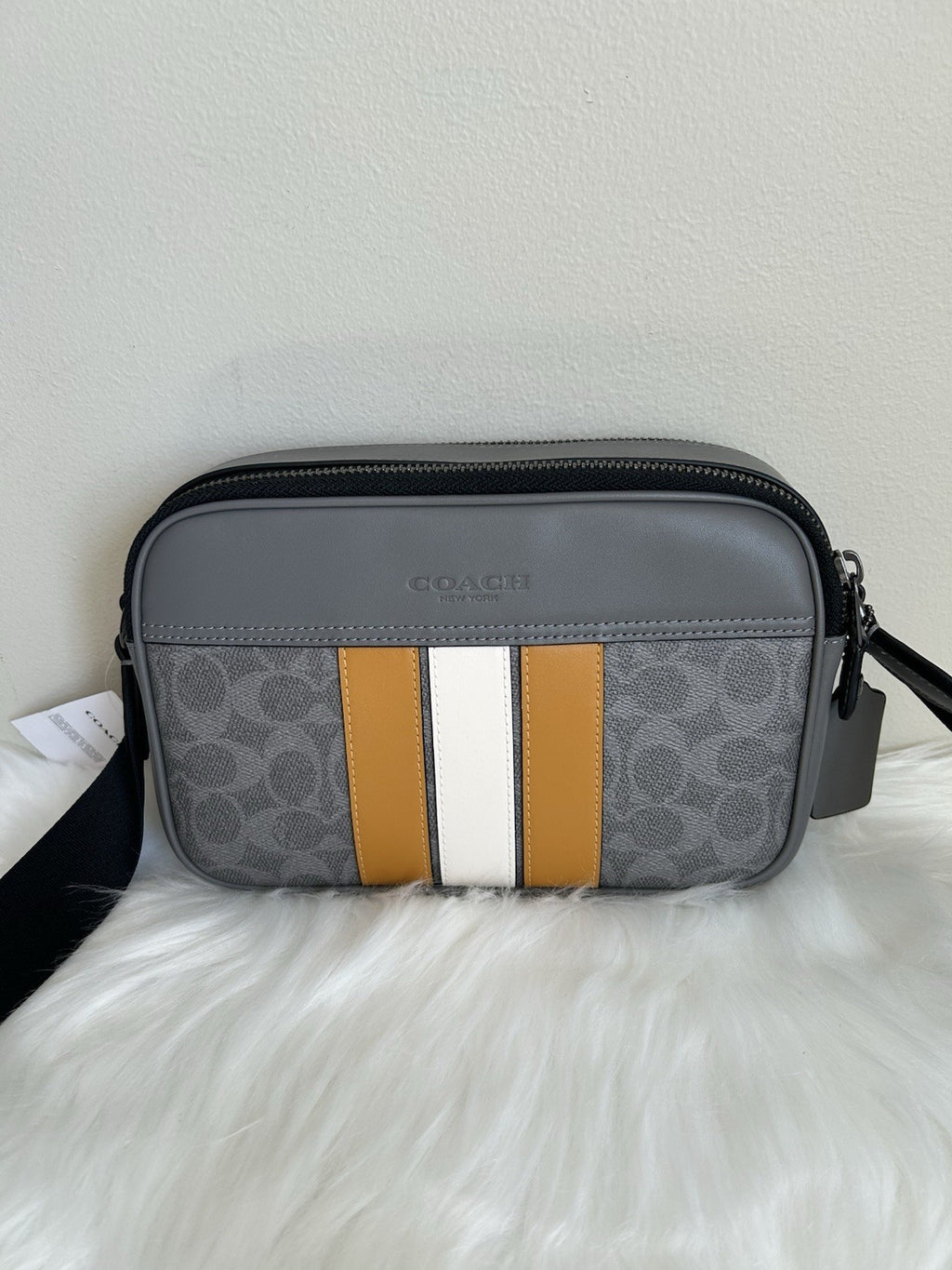 Coach Graham Grey Ochre Signature Canvas Varsity Stripe Crossbody Bag NEW