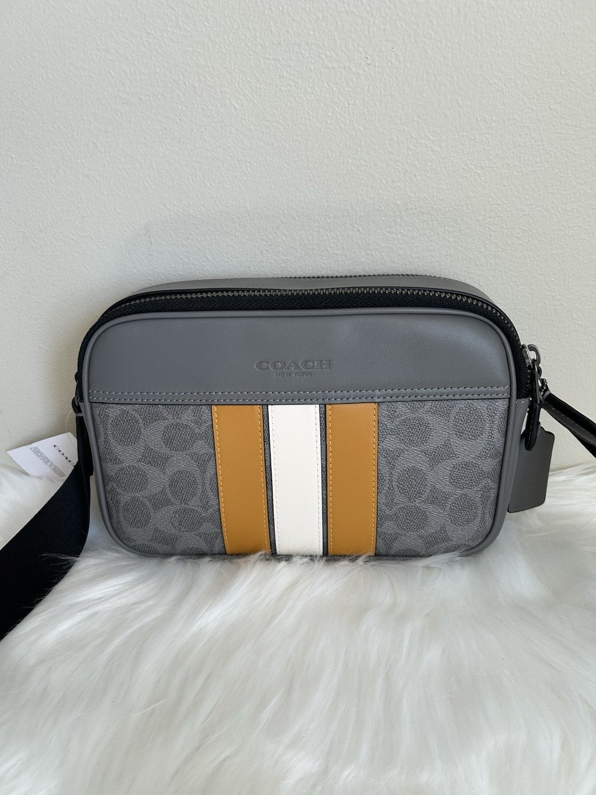 Coach Graham Grey Ochre Signature Canvas Varsity Stripe Crossbody Bag NEW