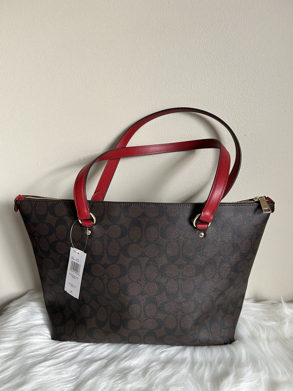 Coach Gallery Tote Brown Red Signature Canvas Leather Shoulder Bag NEW