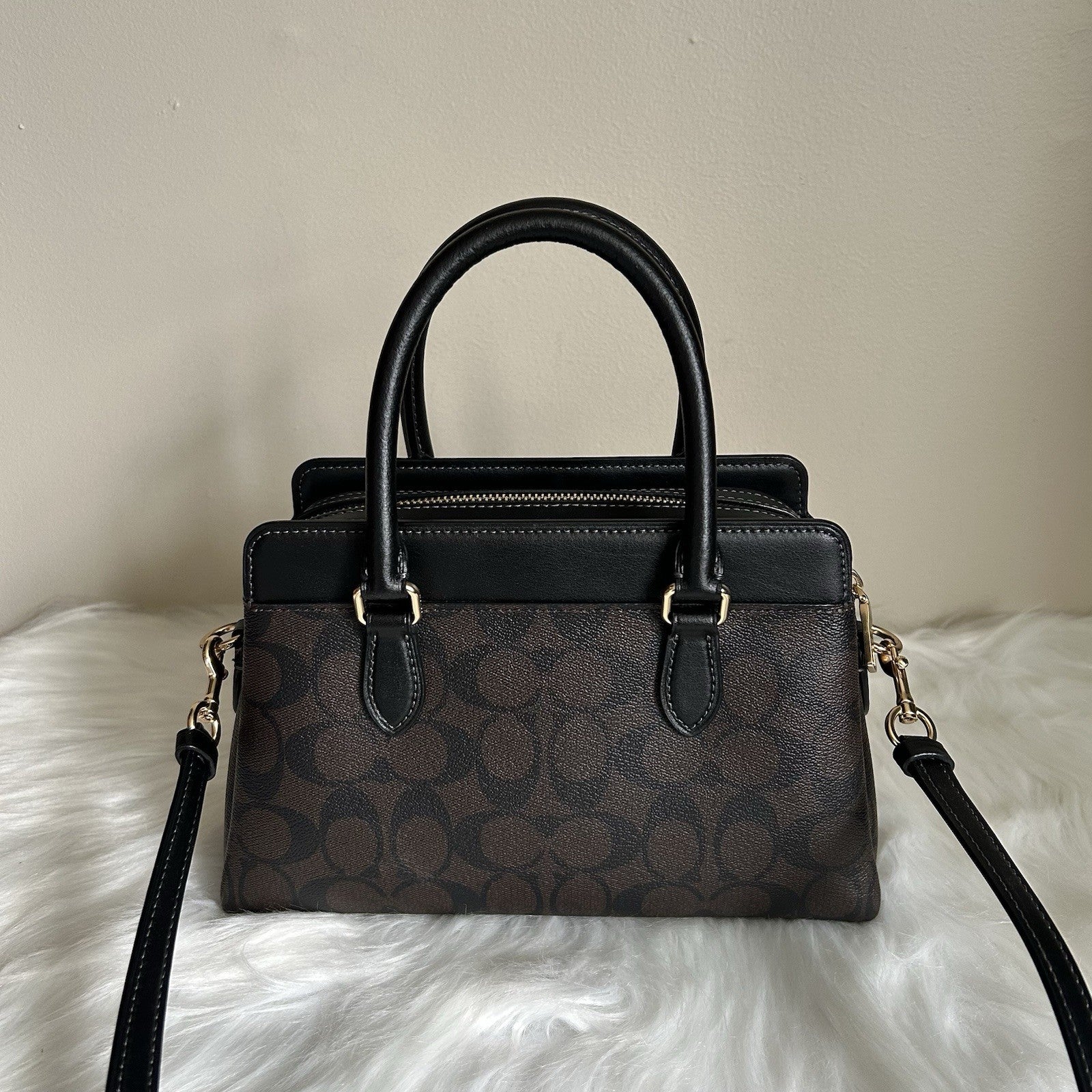 Coach Mini Darcie Carryall Brown Black Signature Canvas Leather Excellent