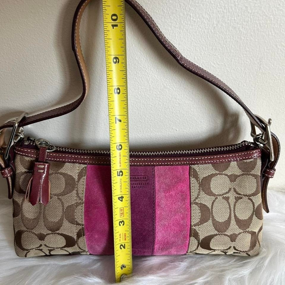 Coach Signature Stripe Demi Brown Pink Suede Canvas Baguette Bag Good