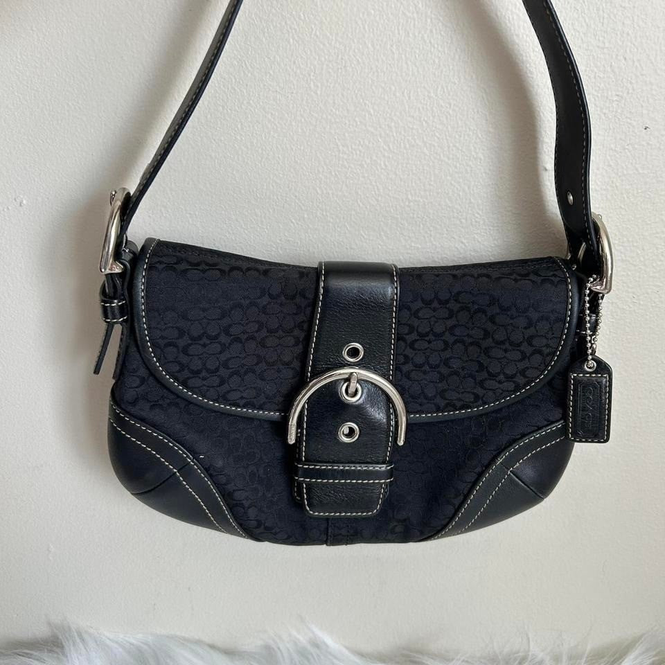 Coach Soho Black Signature Canvas Leather Flap Shoulder Bag Excellent