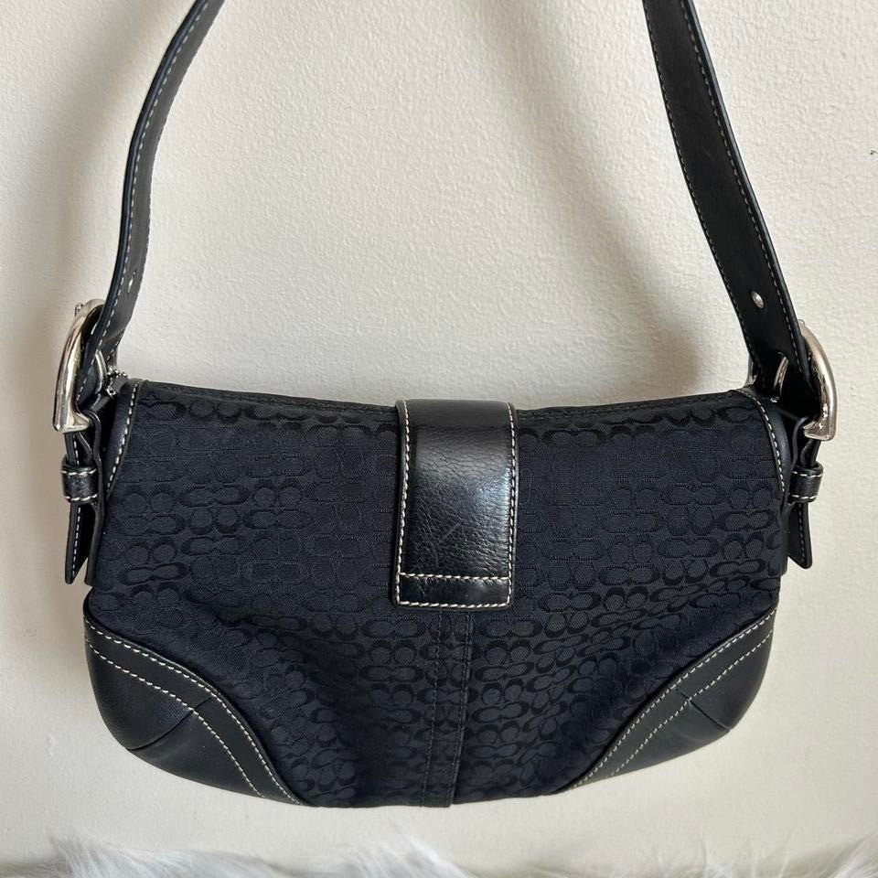 Coach Soho Black Signature Canvas Leather Flap Shoulder Bag Excellent