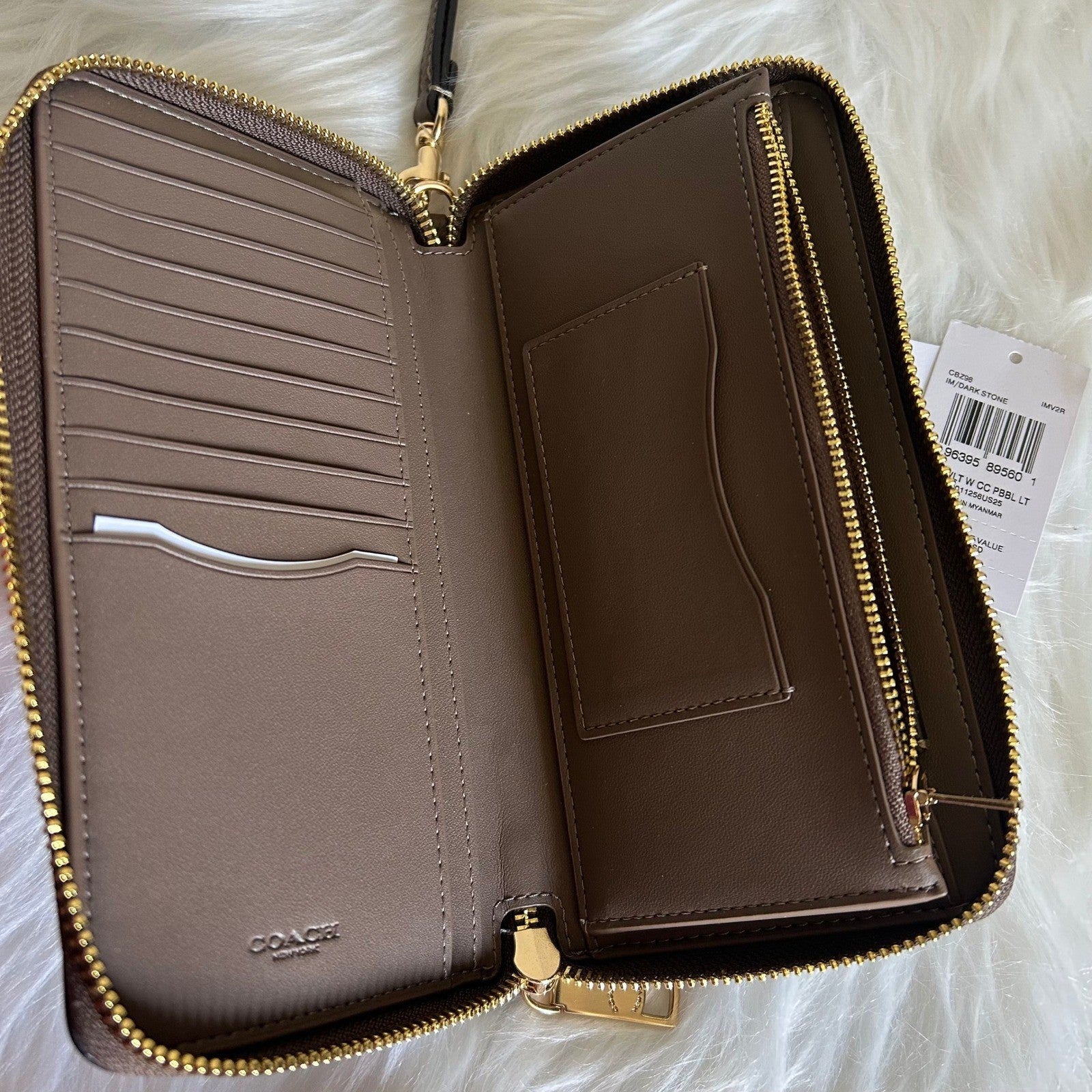 Coach Long Zip Around Wallet Dark Stone Pebbled Leather Wristlet NEW CBZ98