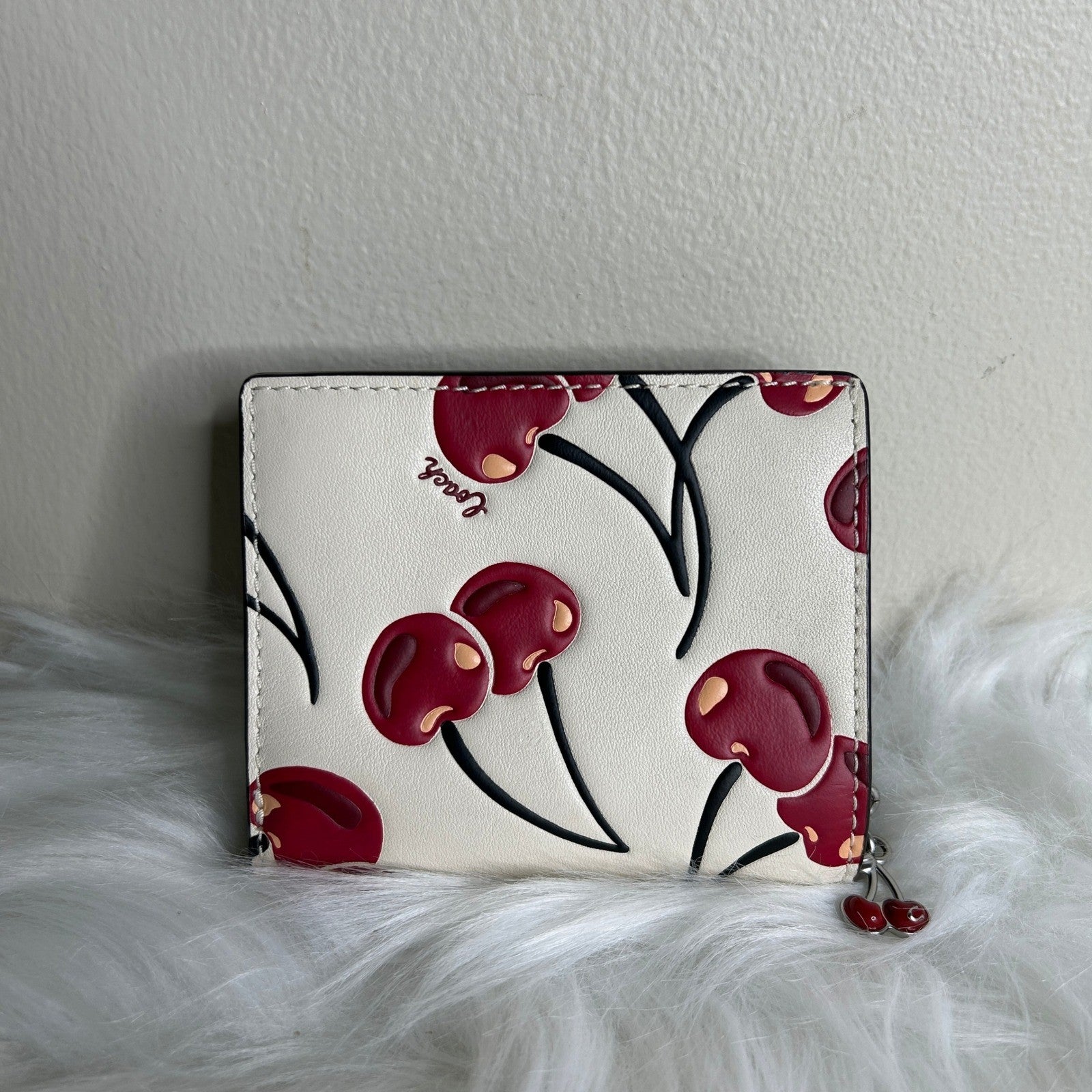Coach Snap Wallet Chalk White Cherry Print Pebbled Leather NEW