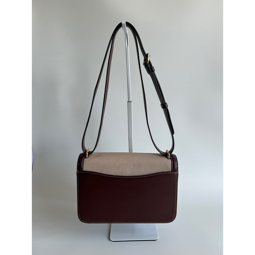 Coach Morgan Burgundy Leather Beige Canvas Shoulder Bag CS191 Excellent