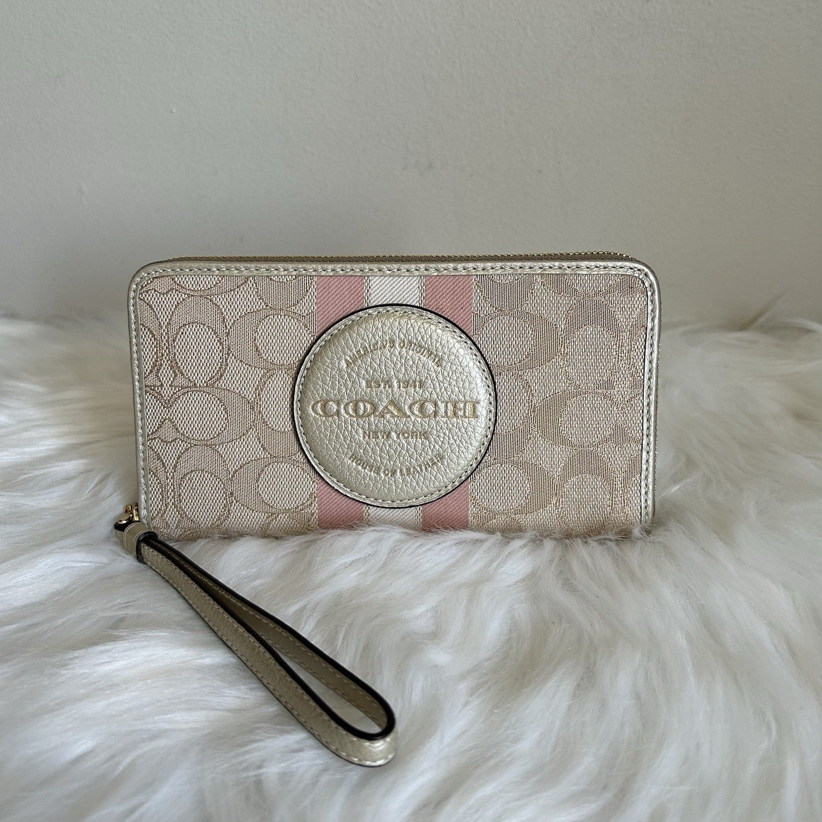 Coach Dempsey Large Phone Wallet Khaki Pink Metallic Gold Jacquard New