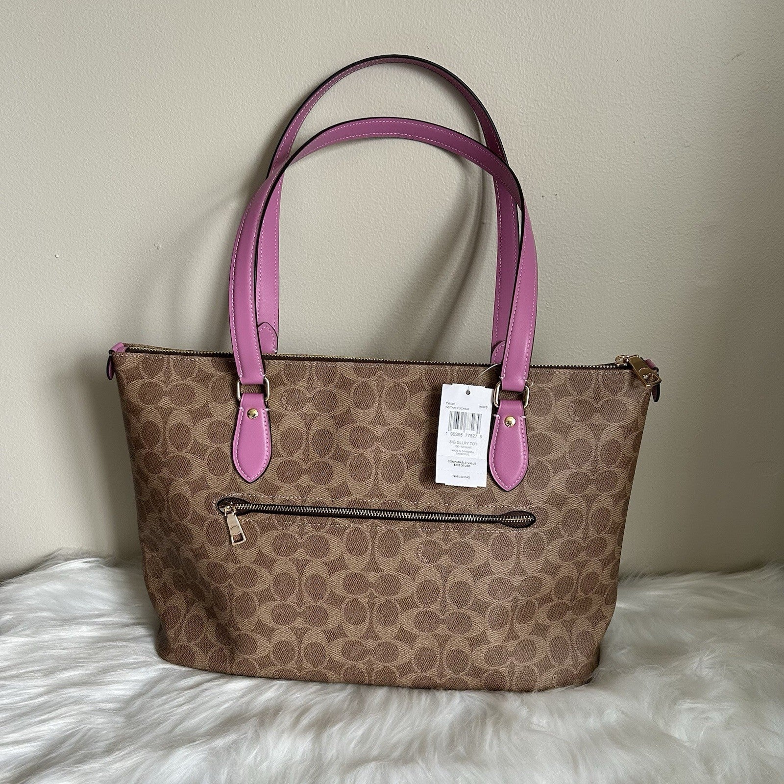 Coach Gallery Tote Khaki Fuchsia Signature Canvas Leather Bag NEW