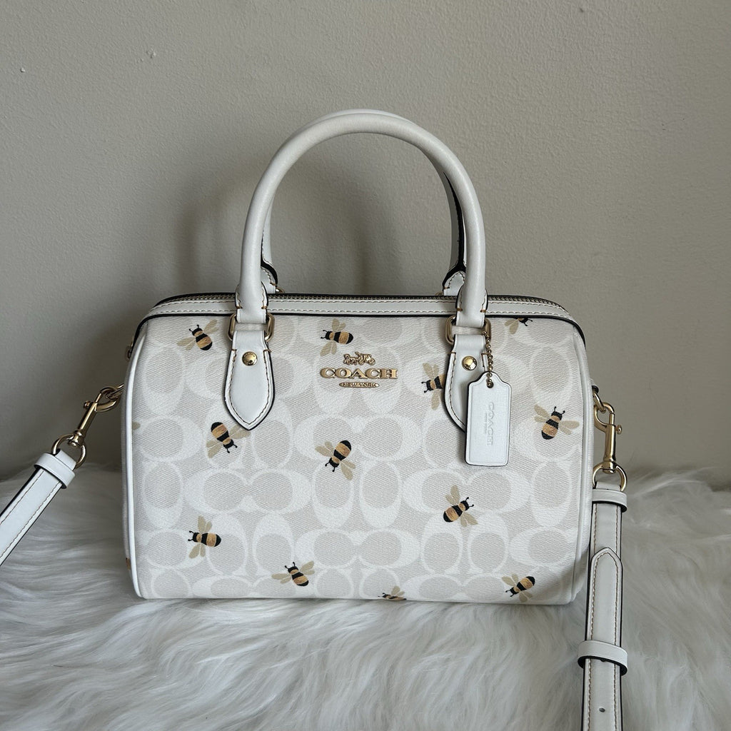 Coach Rowan Satchel Chalk White Bee Signature Canvas Leather Bag Excellent