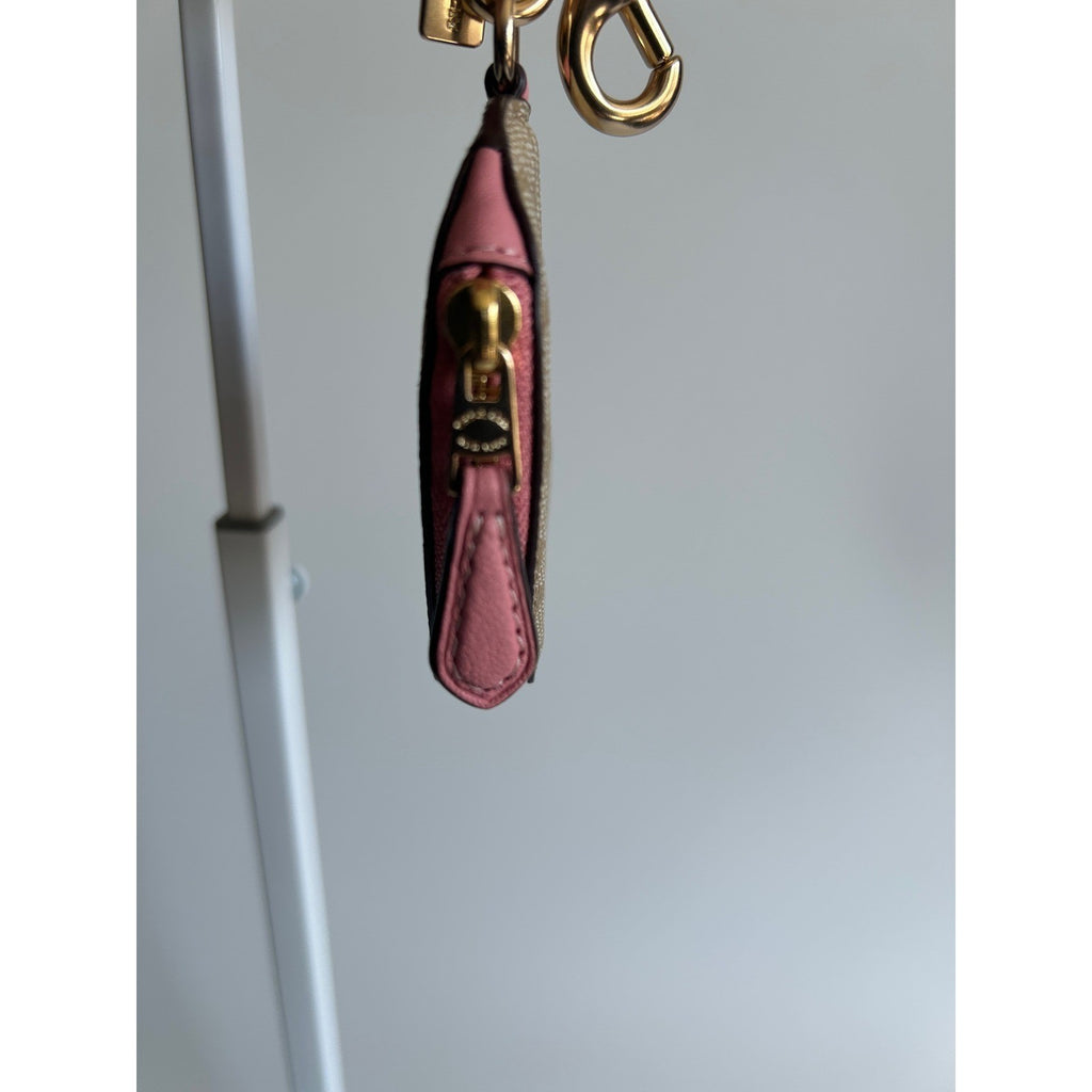 Coach Heart Coin Case Khaki Pink Signature Canvas Leather Bag Charm Excellent