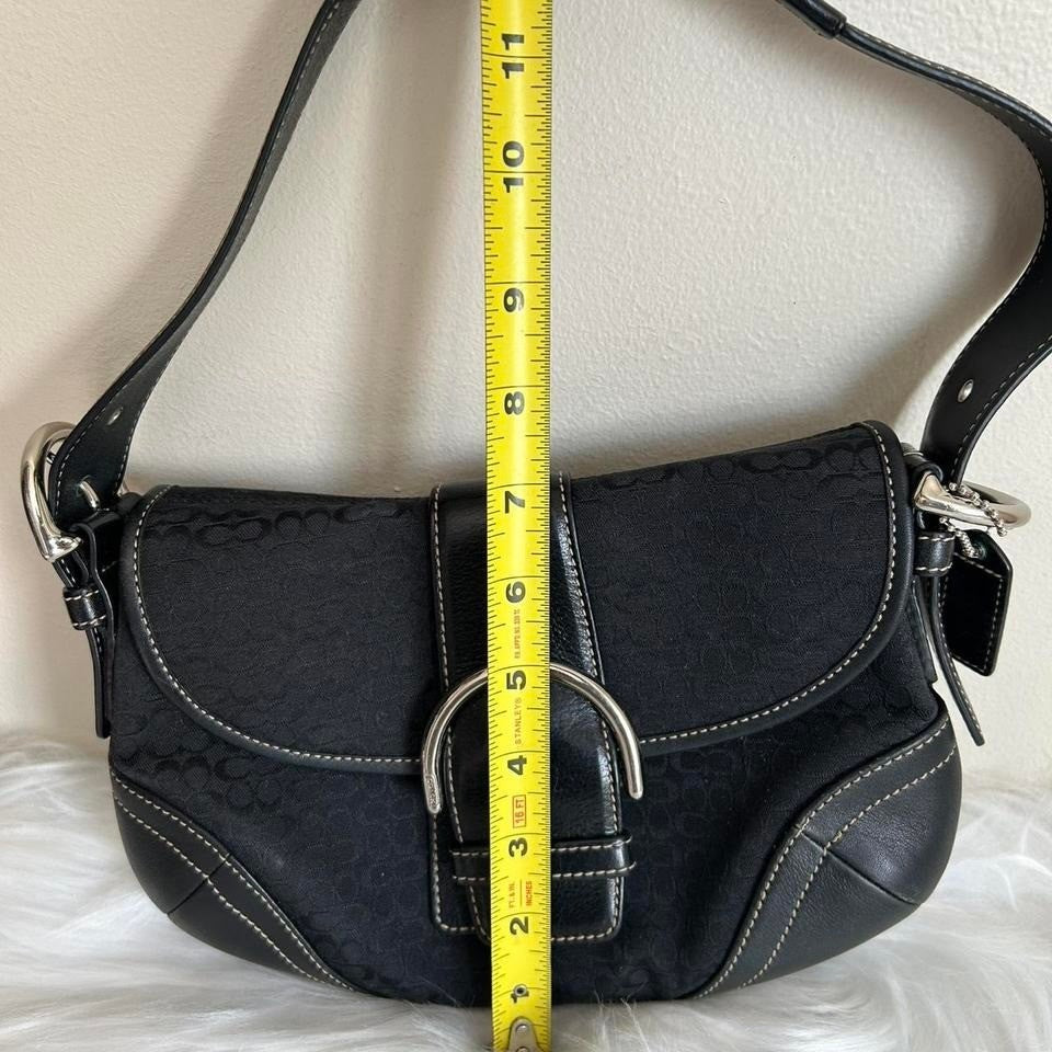 Coach Soho Black Signature Canvas Leather Flap Shoulder Bag Excellent