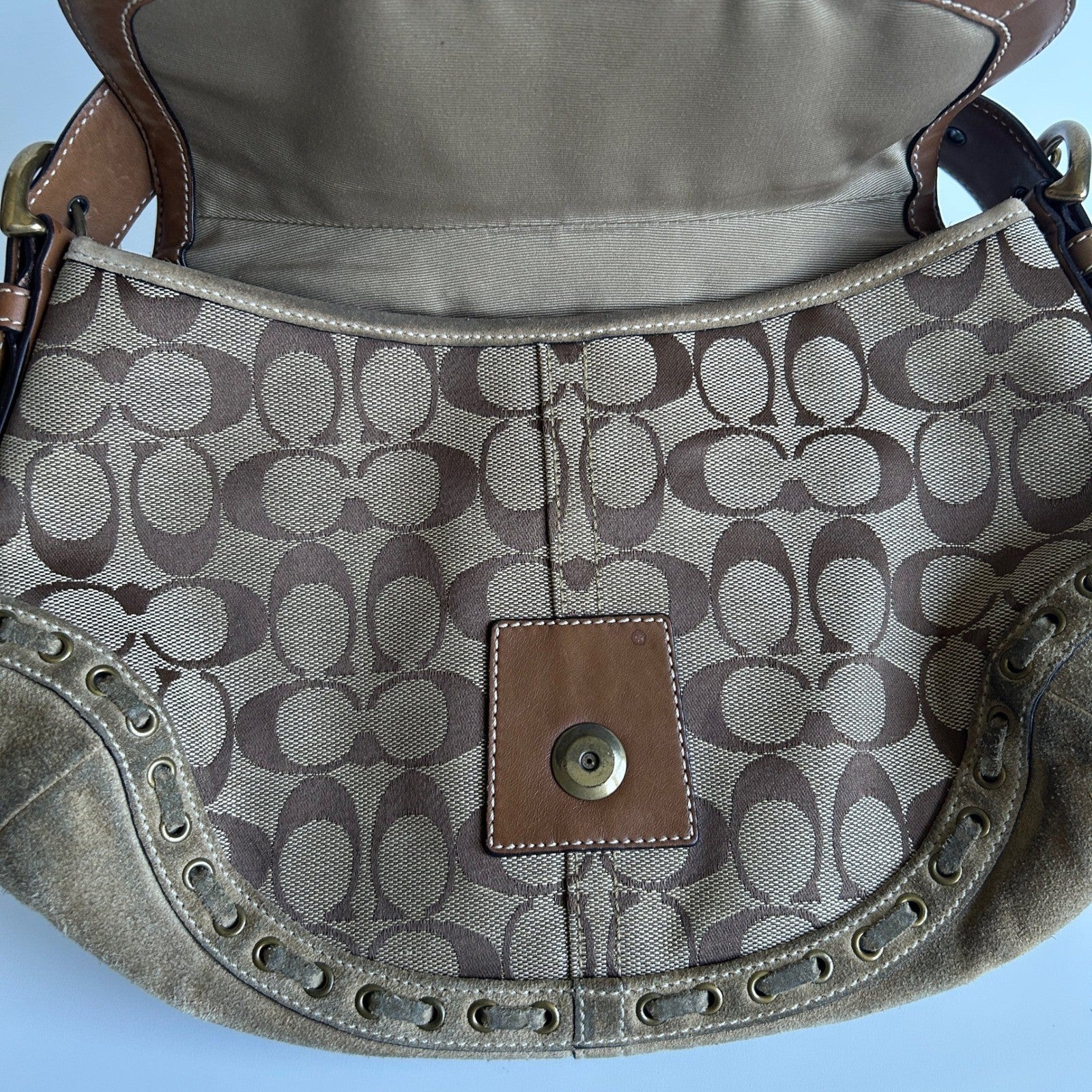 Coach Soho Signature Brown Canvas Suede Buckle Flap Shoulder Bag 9373 Good