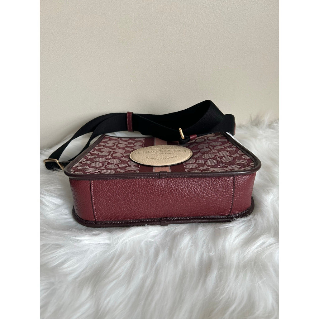 Coach Dempsey File Bag Burgundy Multi Signature Jacquard Leather Crossbody NEW