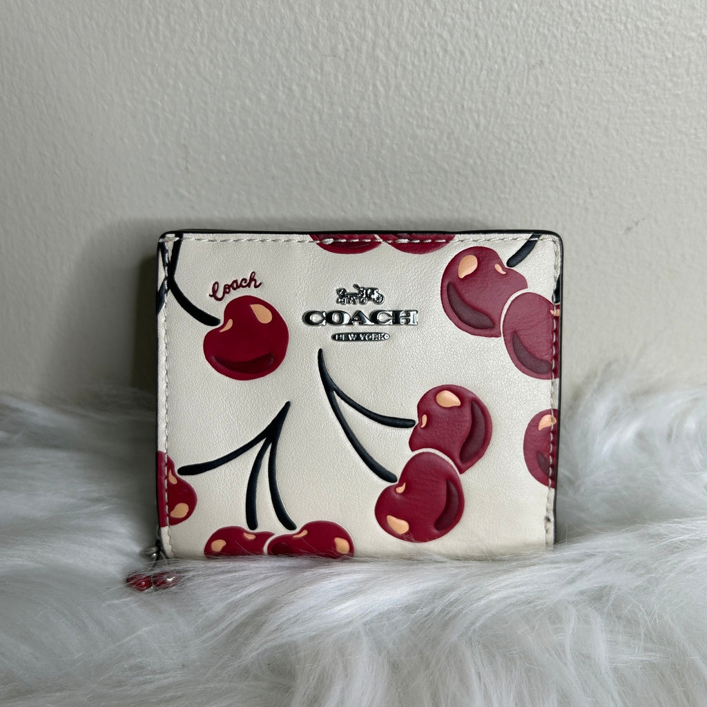 Coach Snap Wallet Chalk White Cherry Print Pebbled Leather NEW