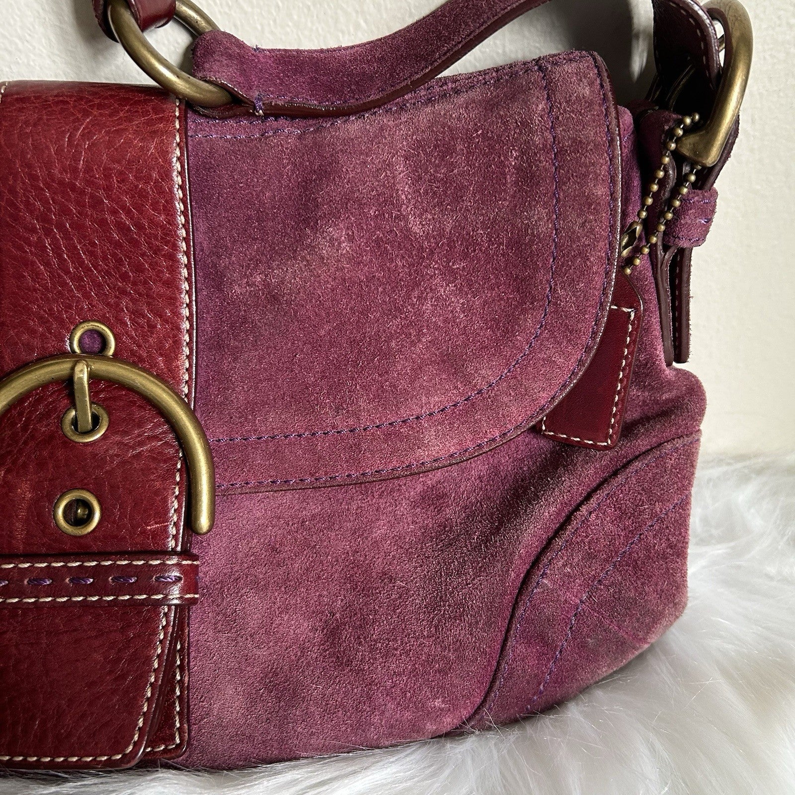 Coach Soho Plum Purple Suede Leather Buckle Flap Shoulder Bag 9688 Good