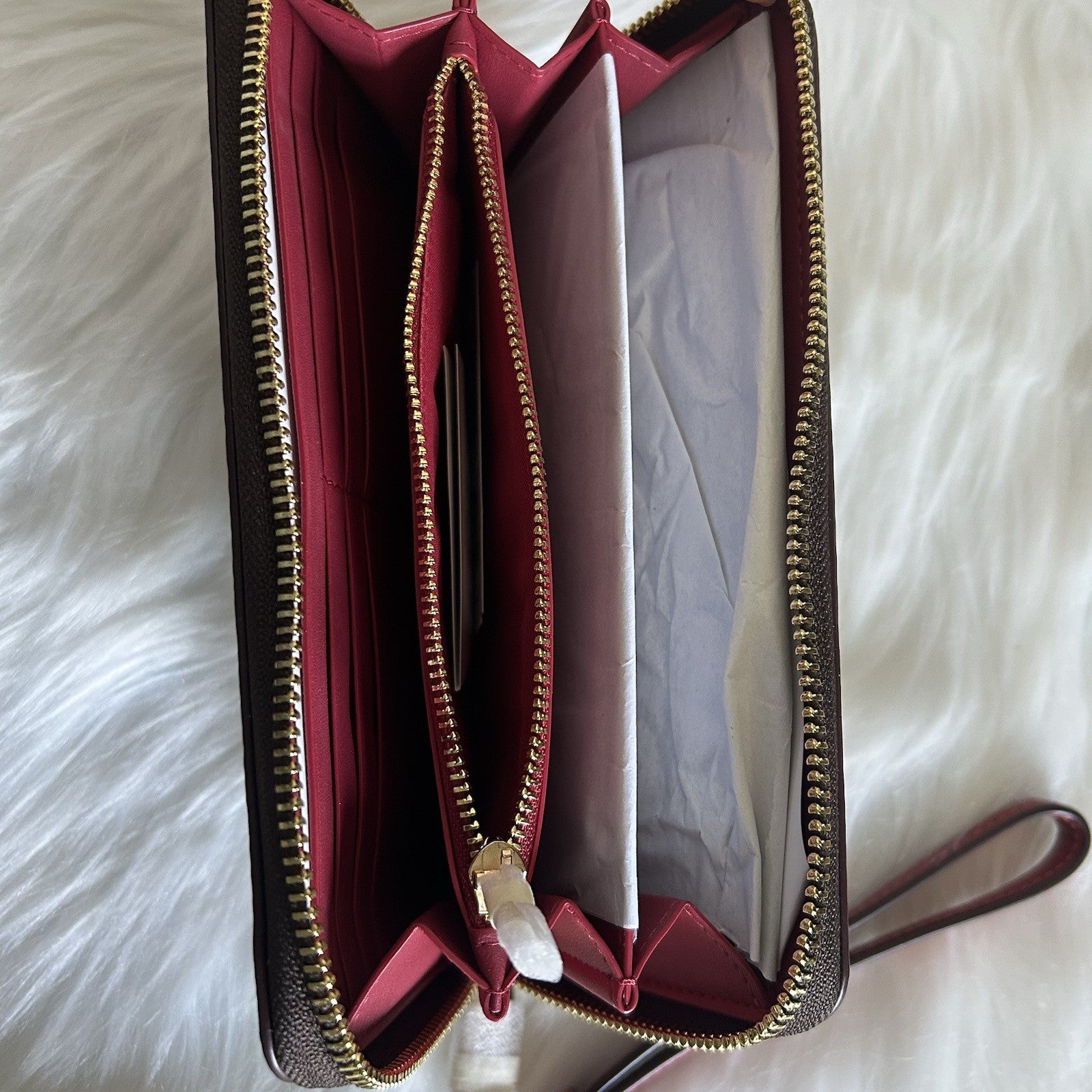 Coach Long Zip Around Wallet Walnut True Red Signature Canvas New