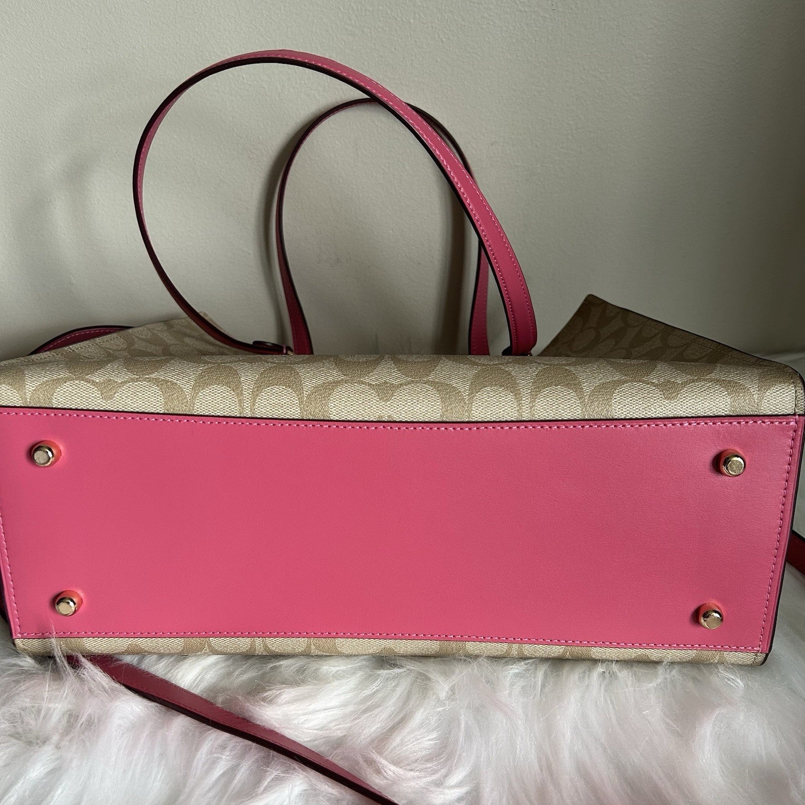 Coach Tatum Carryall 28 Khaki Pink Signature Canvas Leather Bag Excellent