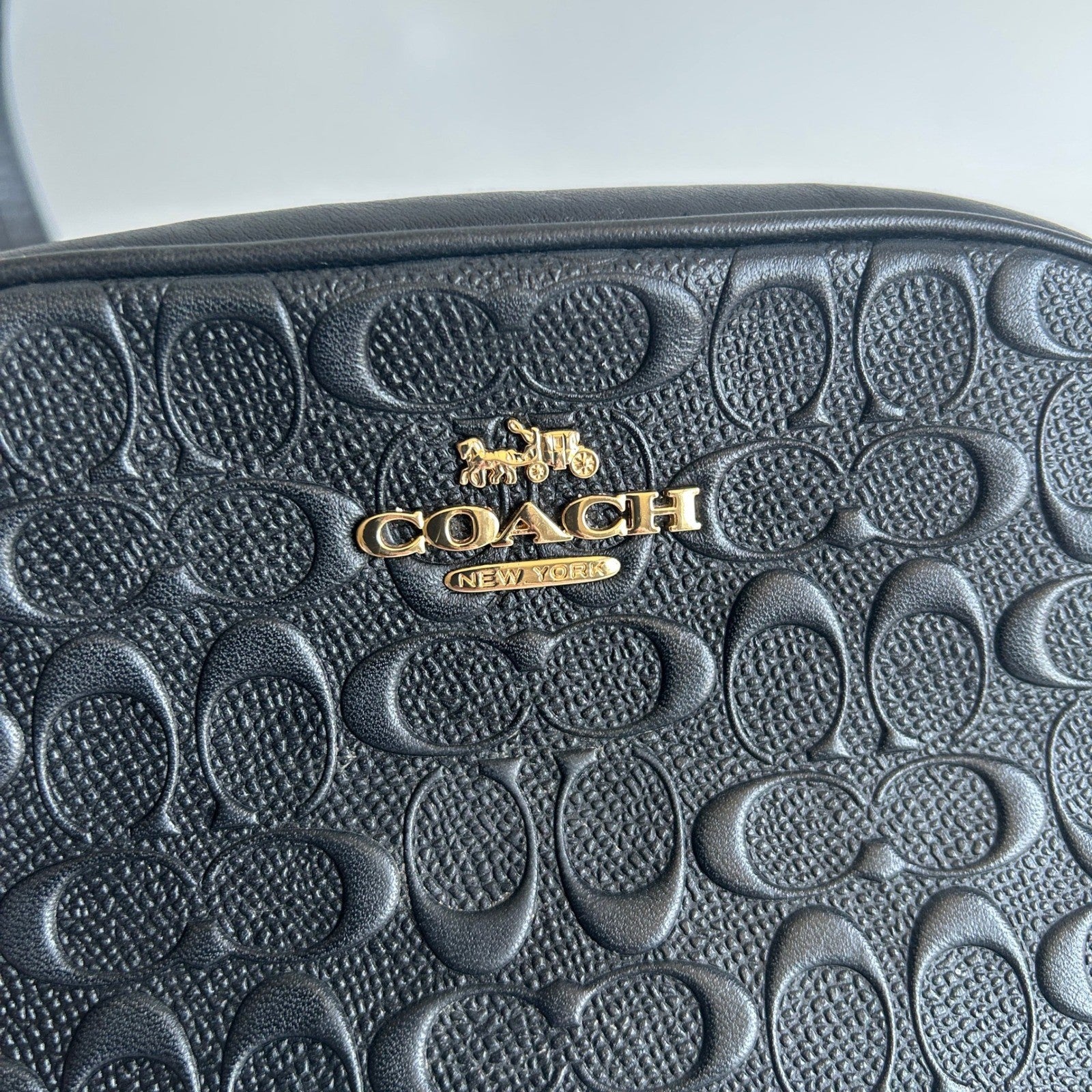 Coach Jamie Camera Bag Black Signature Embossed Leather Crossbody Excellent