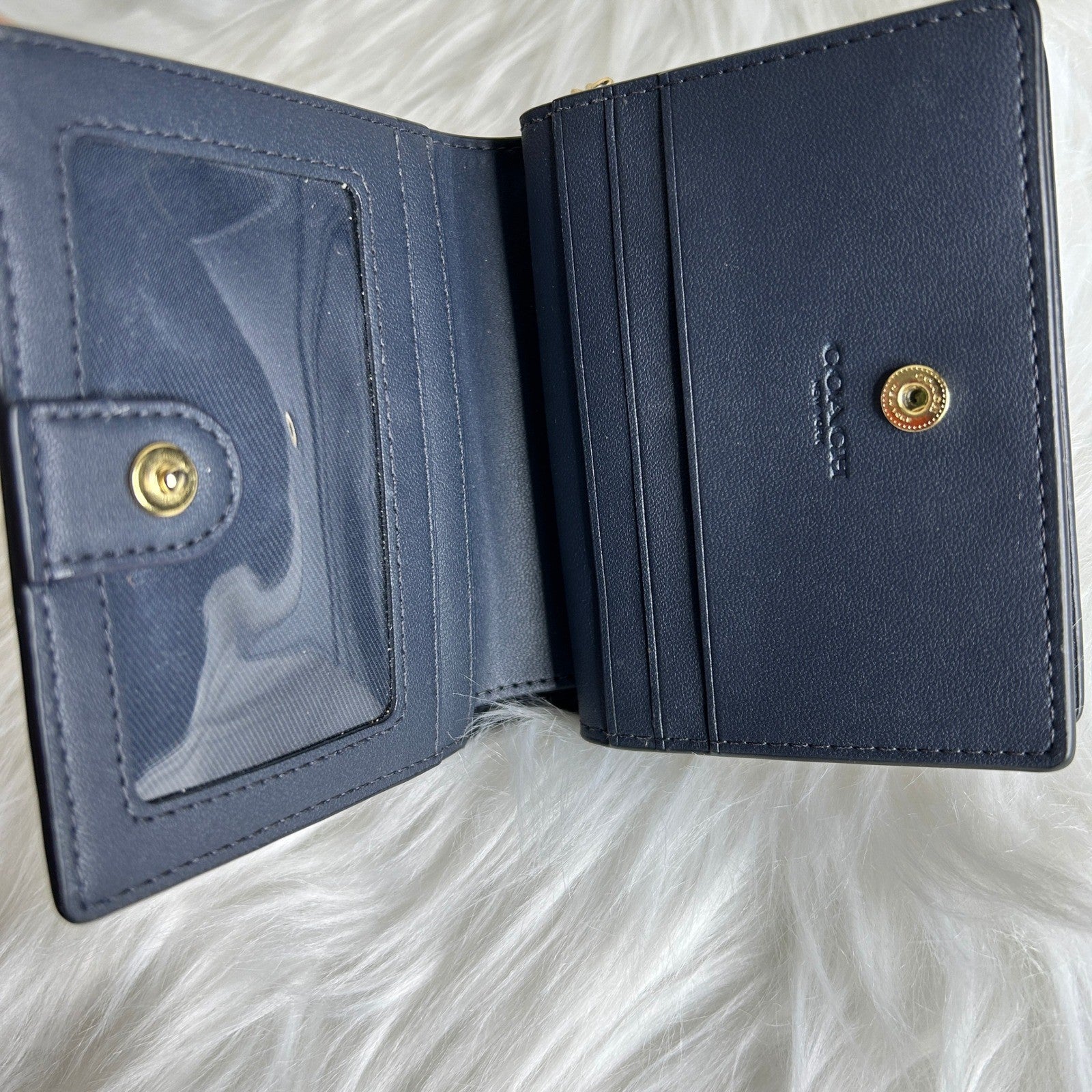 Coach Snap Wallet Midnight Denim Signature Canvas Leather C3321 Excellent