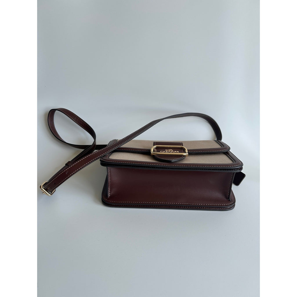 Coach Morgan Burgundy Leather Beige Canvas Shoulder Bag CS191 Excellent