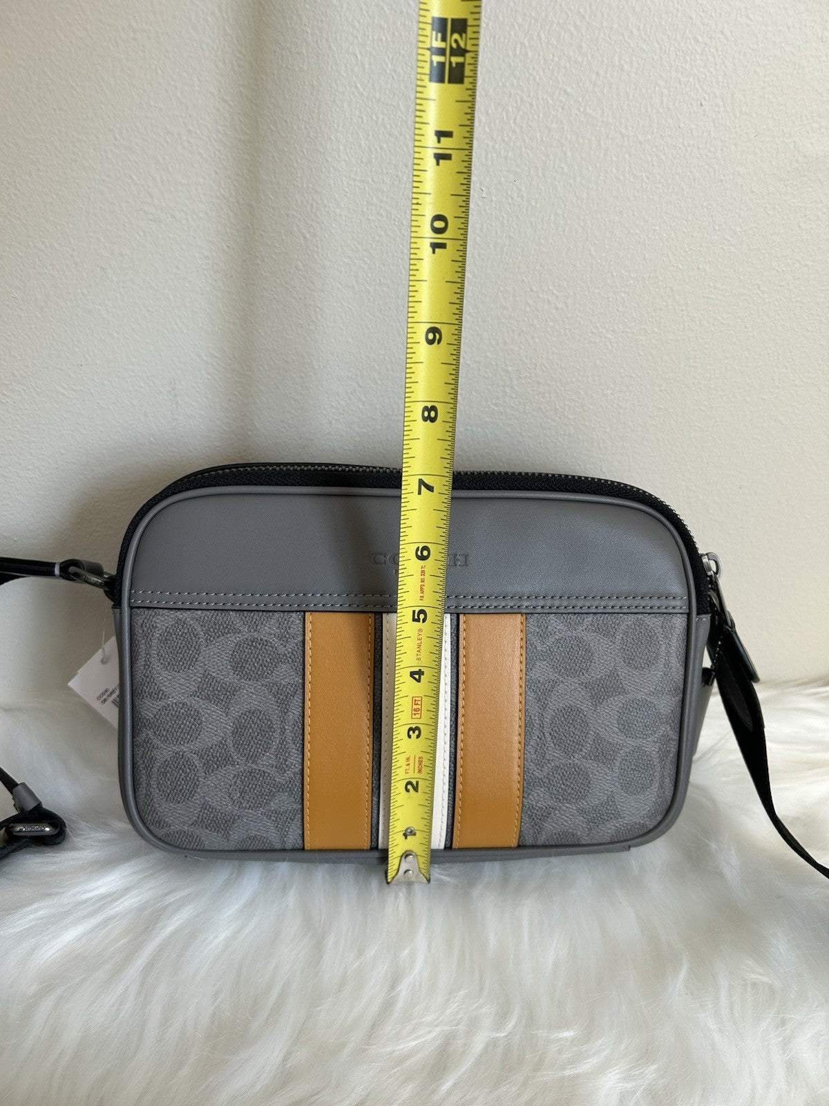Coach Graham Grey Ochre Signature Canvas Varsity Stripe Crossbody Bag NEW