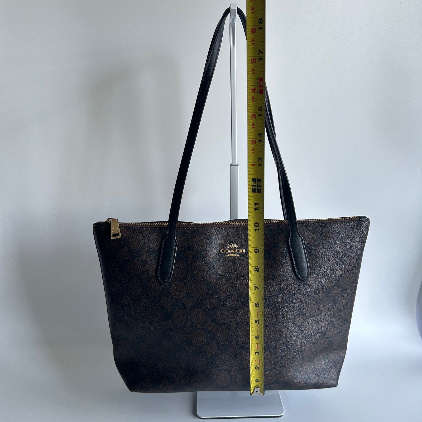 Coach Zip Top Tote Brown Signature Canvas Leather Bag 4455 Good