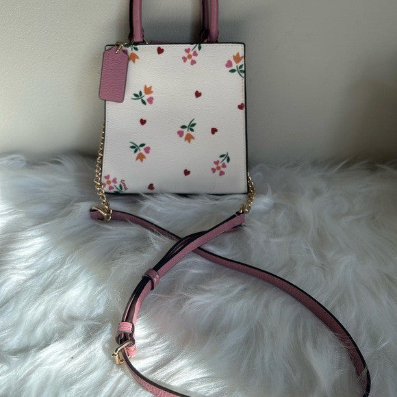 Coach North South Lonnie Tote White Pink Floral Leather Crossbody Excellent