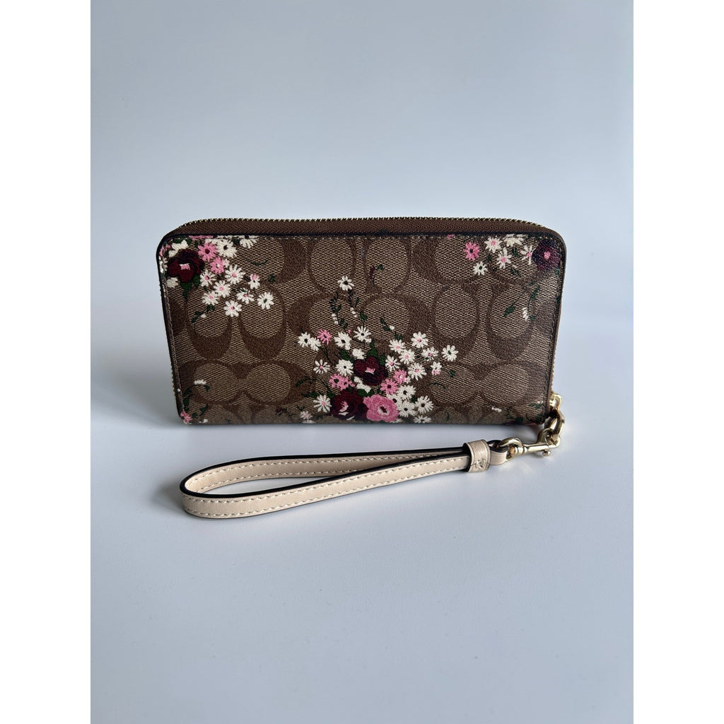 Coach Floral Signature Brown Pink Canvas Accordion Zip Wristlet Excellent