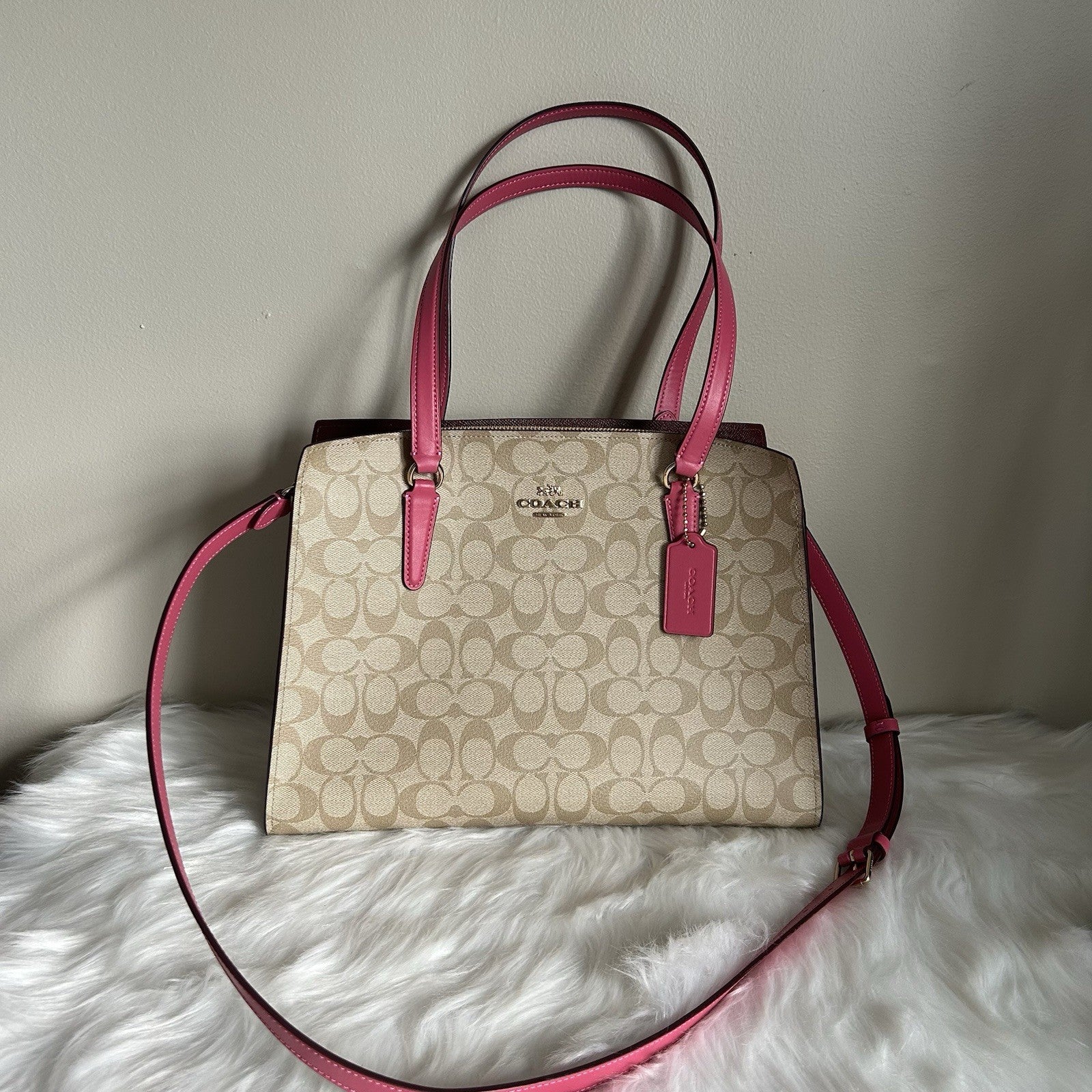 Coach Tatum Carryall 28 Khaki Pink Signature Canvas Leather Bag Excellent