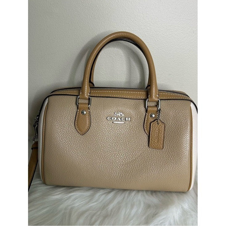 Coach Rowan Satchel Taupe Chalk White Pebbled Leather Bag Excellent