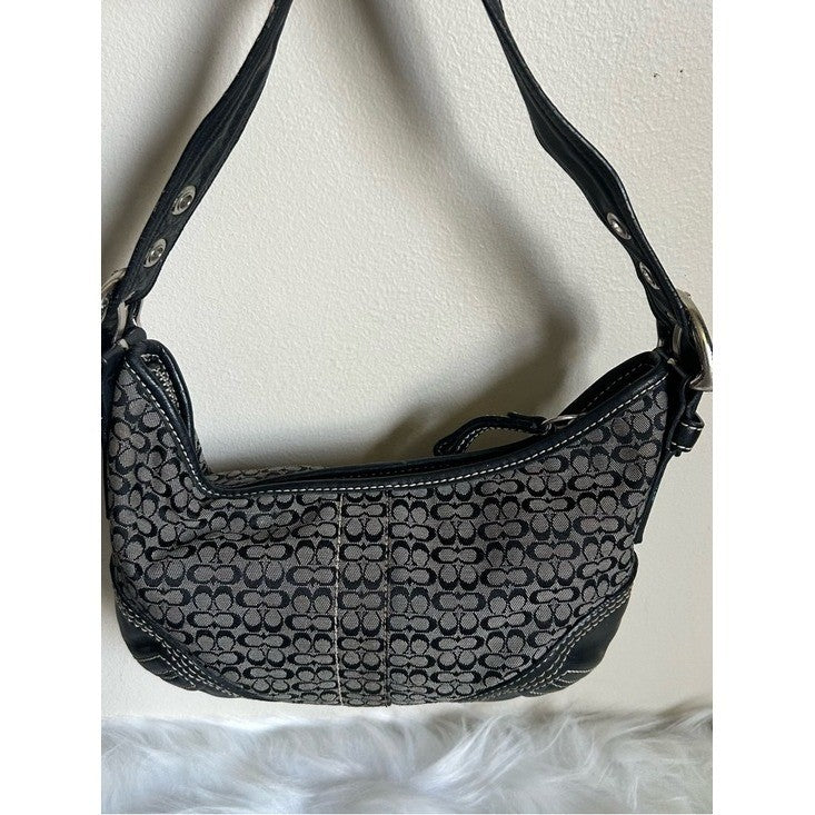 Coach Signature Small Hobo Black Gray Canvas Leather Shoulder Bag E062-2154 Good