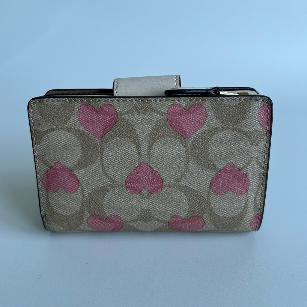 Coach Medium Corner Zip Wallet Khaki Pink Heart Signature Canvas Excellent