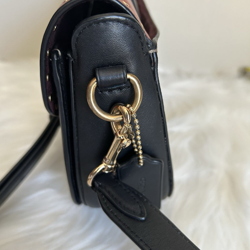 Coach Georgie Saddle Bag Brown Black Signature Canvas Leather Excellent