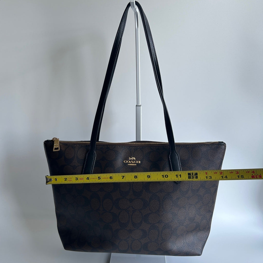 Coach Zip Top Tote Brown Signature Canvas Leather Bag 4455 Good