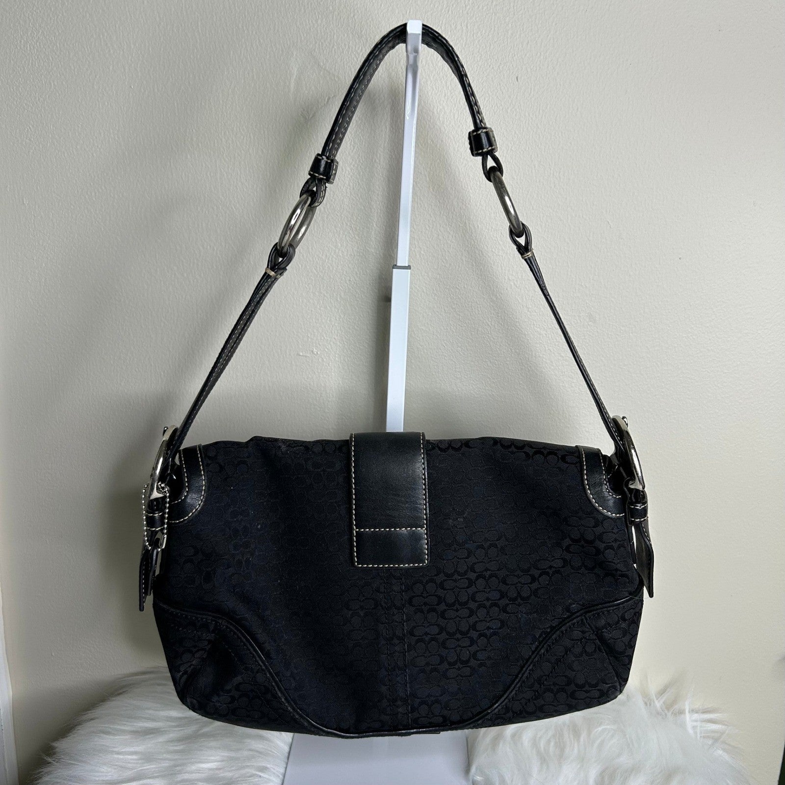 Coach Soho 1466 Black Signature Jacquard Leather Shoulder Bag GOOD