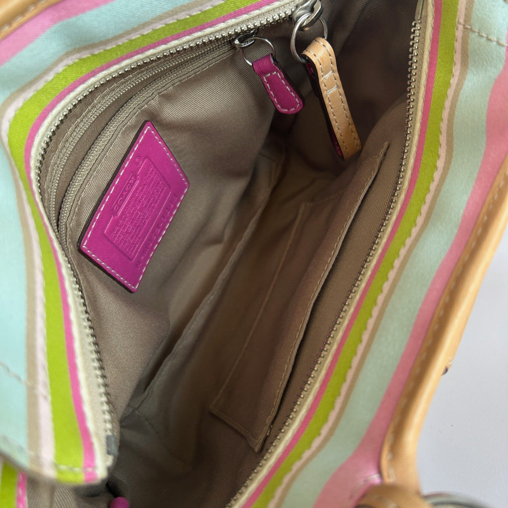 Coach Hampton Stripe Pink Canvas Leather Satchel Bag M053-1888 Fair