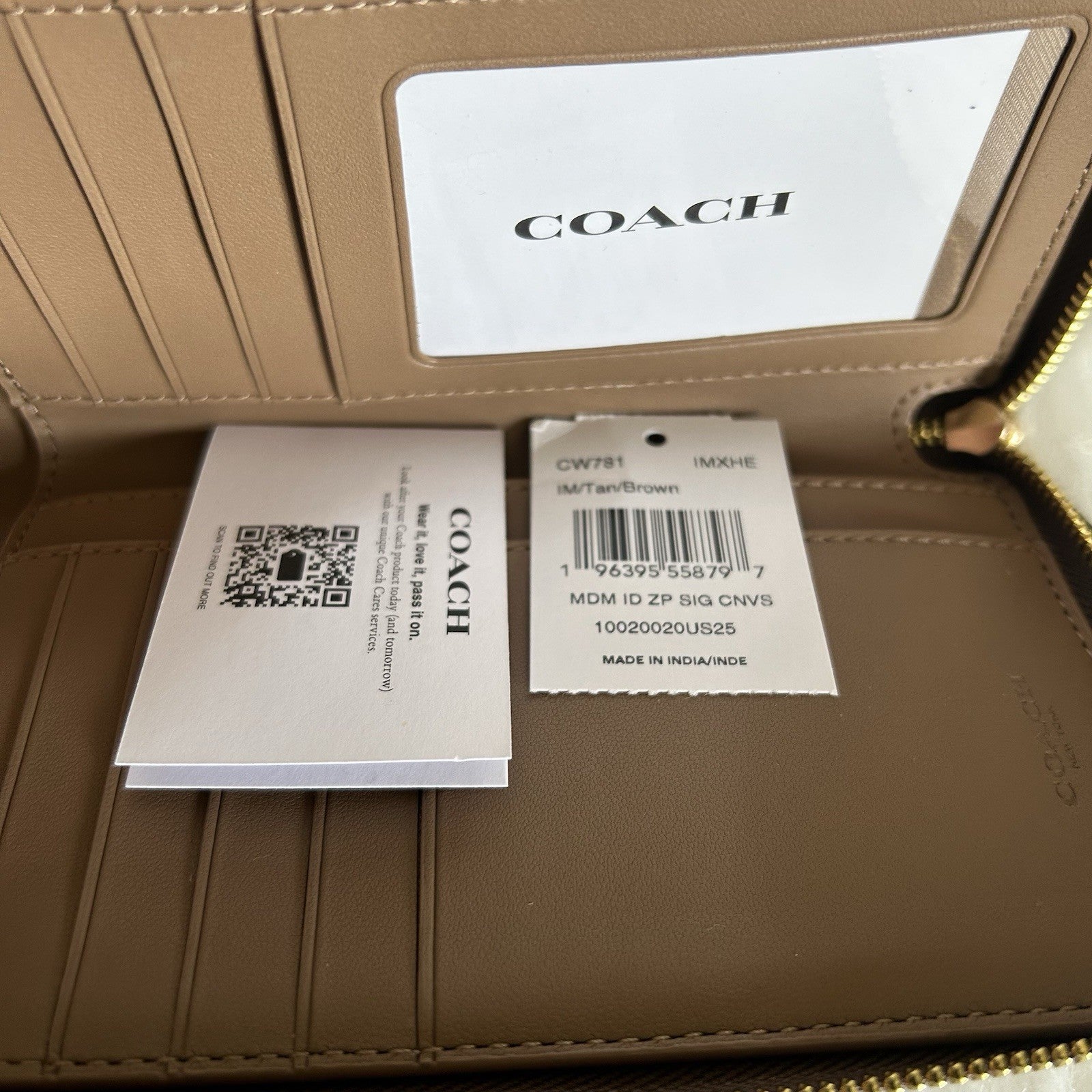 Coach Medium Id Zip Wallet Tan Brown Signature Canvas CW781 NEW