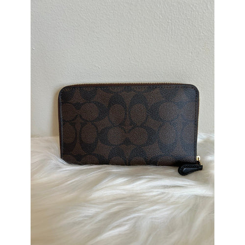 Coach Accordion Medium Zip Wallet Signature Canvas Brown Black Monogram F54630
